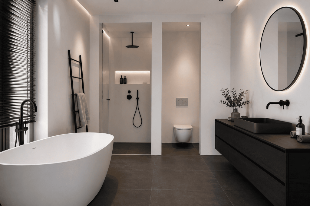 Moderne Badezimmer Fliesen Ideen für ein elegantes Zuhause 8 Dunkle Böden als Kontrast zu hellen Wänden