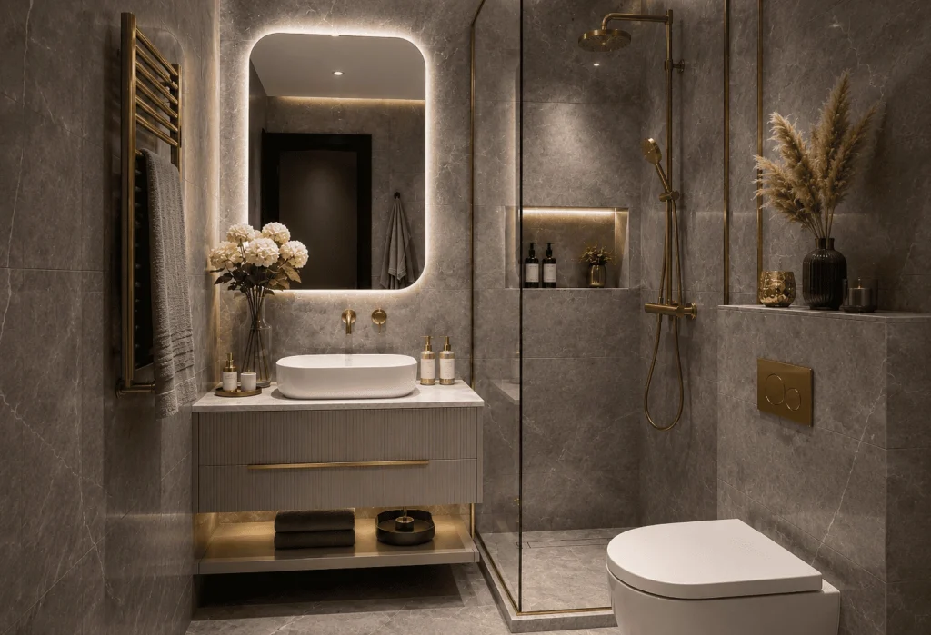 Moderne Badezimmer Fliesen: Ideen & Trends 2 Graues Badezimmer mit Marmor Look & Gold Akzenten