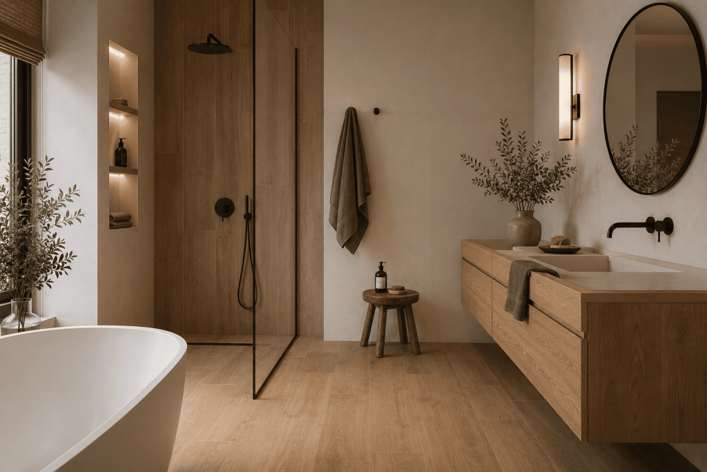 Moderne Badezimmer Fliesen Ideen für ein elegantes Zuhause 9 Holzoptik-Fliesen für Wärme ohne Pflegeaufwand