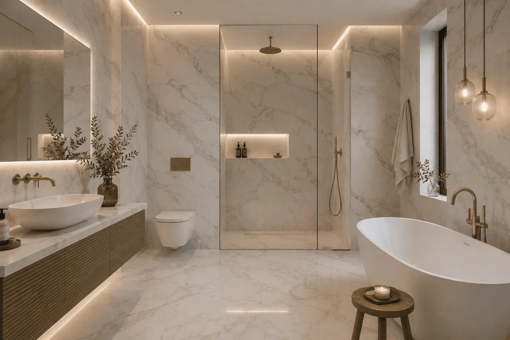 Moderne Badezimmer Fliesen Ideen für ein elegantes Zuhause 13 Marmoroptik-Fliesen als Luxus-Alternative