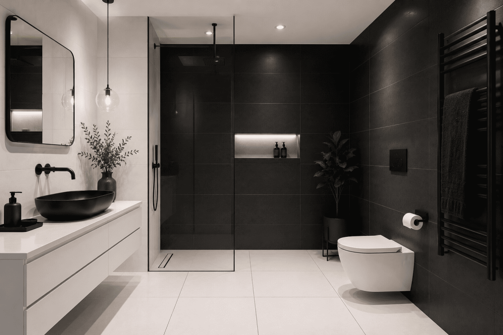 Badezimmer Fliesen Ideen: 10 moderne Designs für stilvolle Bäder 4 Matte Schwarz-Weiß-Kontraste