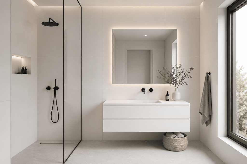 Moderne Badezimmer Fliesen Ideen für ein elegantes Zuhause 5 Minimalistisch-Weiße-hellgraue-Wandfliesen