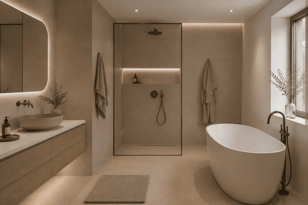 Moderne Badezimmer Fliesen Ideen für ein elegantes Zuhause 12 Neutrale Palette Greige Taupe Warmweiß