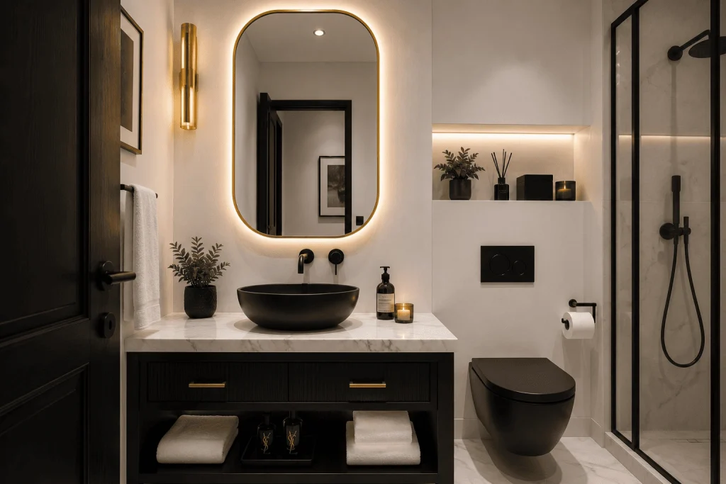 Kleine Badezimmer Ideen: Mit einem modernen LED Spiegel mehr Raum und Luxus schaffen 5 Schwarz-Weiß mit Gold Zeitloser Kontrast