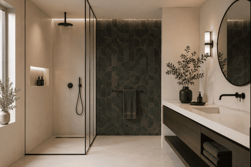 Moderne Badezimmer Fliesen Ideen für ein elegantes Zuhause 6 Statement-Wand mit Muster oder Farbe