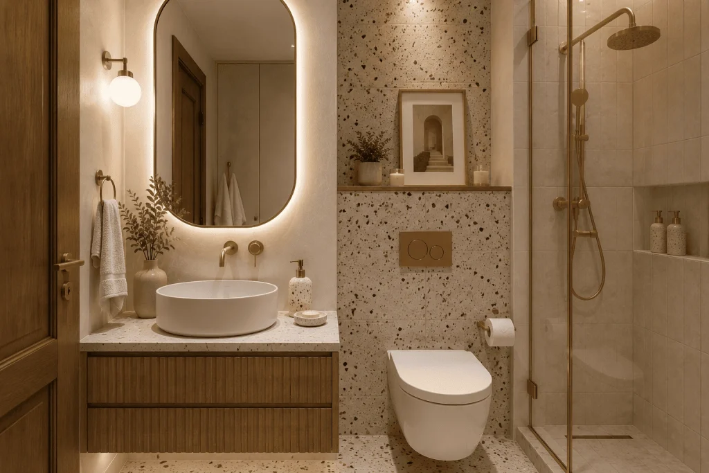 Kleine Badezimmer Ideen: Mit einem modernen LED Spiegel mehr Raum und Luxus schaffen 7 Terrazzo Badezimmer Trend mit Messing