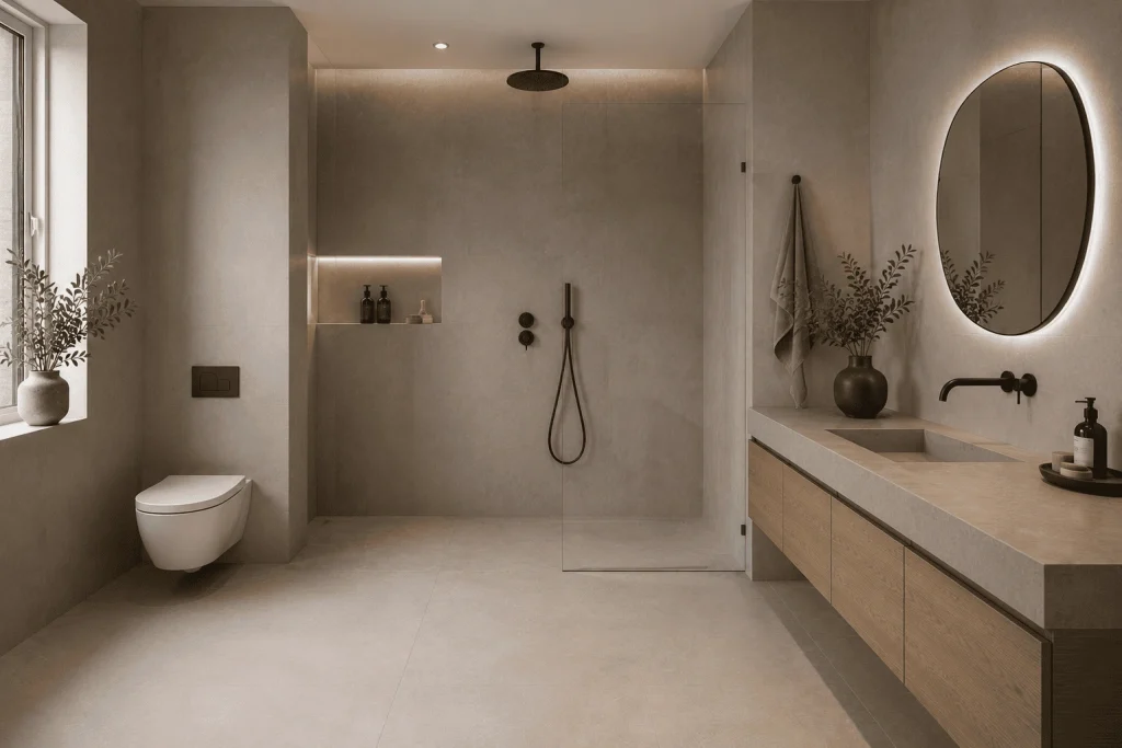 Moderne Badezimmer Fliesen Ideen für ein elegantes Zuhause 11 Wand und Boden in einem Ton – der Wet Room Look