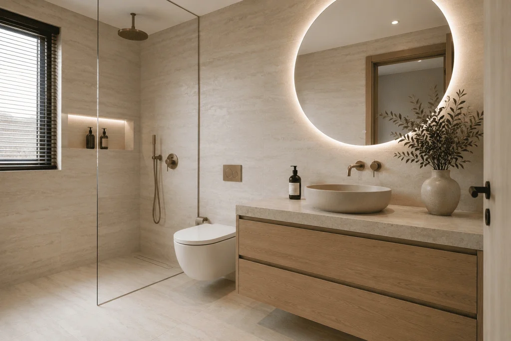 Badezimmer Fliesen: Kleines Bad optisch vergrößern 6 Feinsteinzeug Natursteinoptik Badezimmer