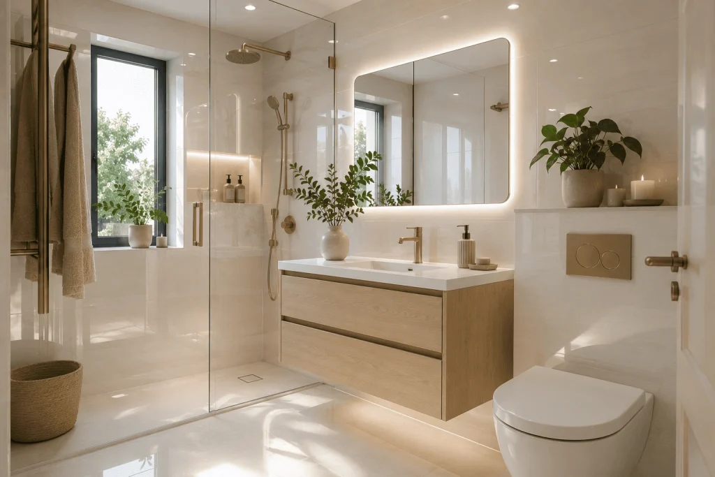 Badezimmer Fliesen: Kleines Bad optisch vergrößern 3 Neutrale Töne und glänzende Oberflächen
