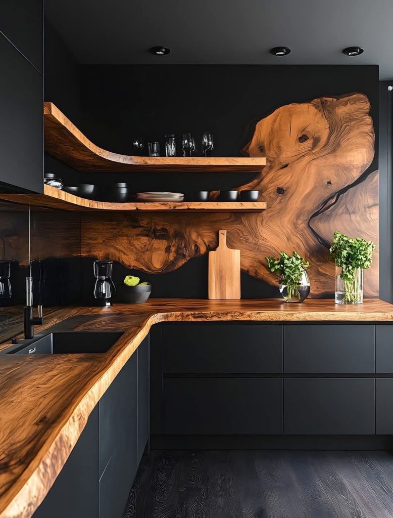 Küchenträume in Holzoptik: Zeitlose Ideen, Design-Trends und Experten-Tipps 3 Tiefschwarz trifft auf organische Massivholz-Kunst
