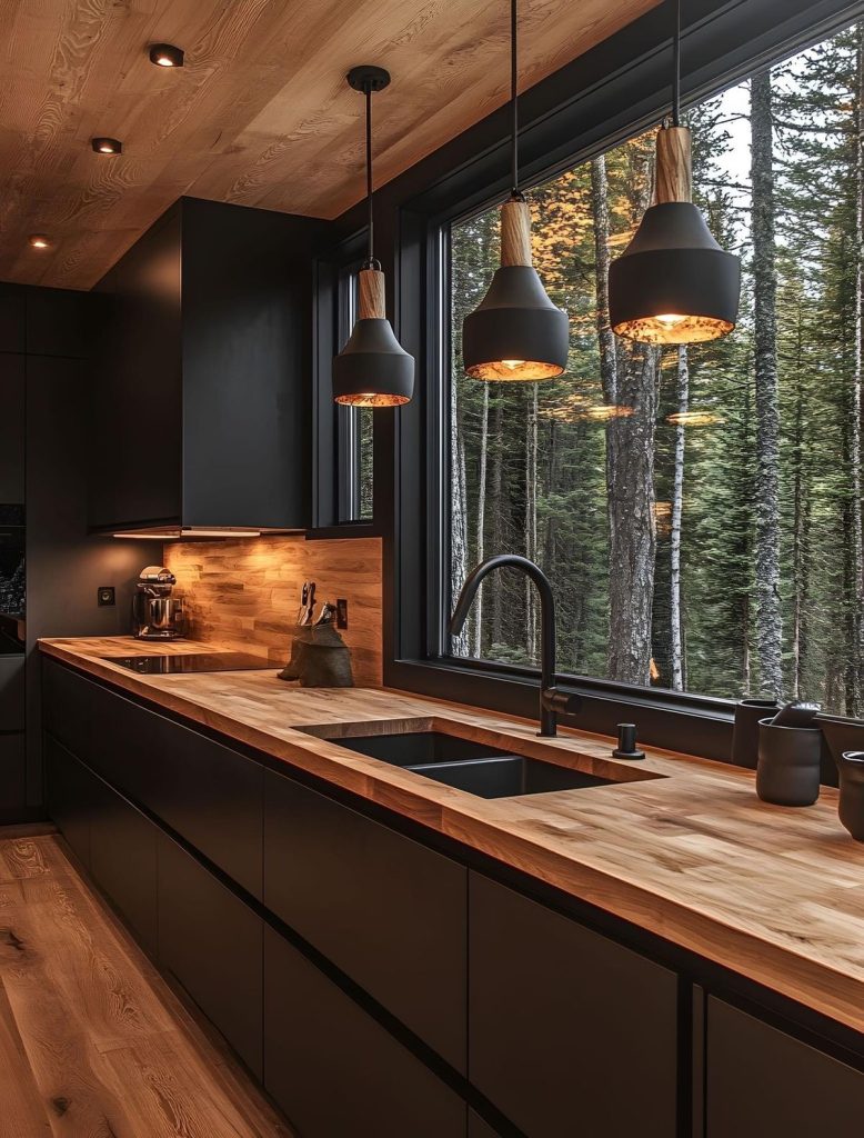 Küchenträume in Holzoptik: Zeitlose Ideen, Design-Trends und Experten-Tipps 6 Mattschwarzer Minimalismus umhüllt von warmem Naturholzjpg