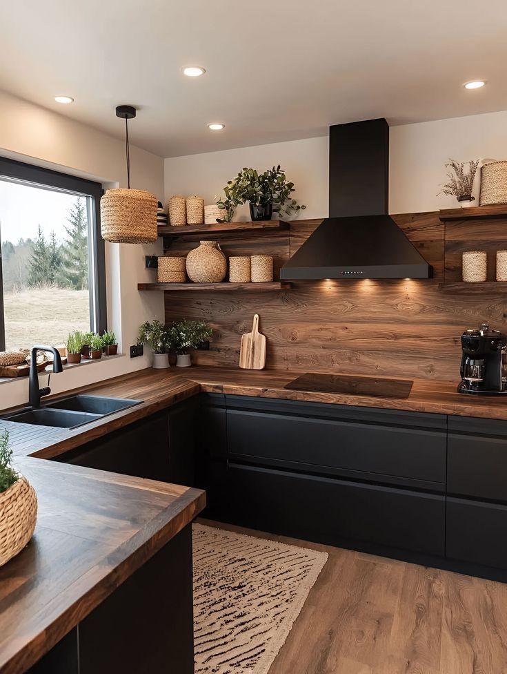 Küchenträume in Holzoptik: Zeitlose Ideen, Design-Trends und Experten-Tipps 7 Mattschwarze Eleganz und natürliche Wärme